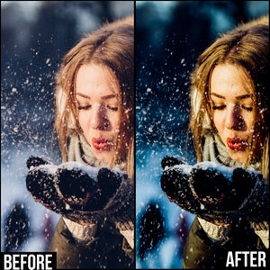 May include: A woman wearing a white knit hat and a green jacket blows on her hand, which is covered in a black mitten, as snow falls around her.