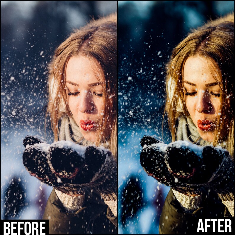 May include: A woman wearing a white knit hat and a green jacket blows on her hand, which is covered in a black mitten, as snow falls around her.