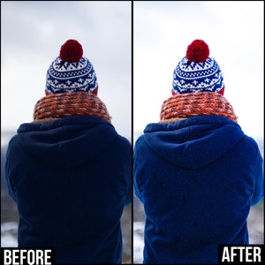 May include: A person wearing a blue hooded sweatshirt with a red and white patterned knit hat and a brown scarf. The image shows the difference between a before and after photo, with the after photo showing the sweatshirt with a few dark spots.