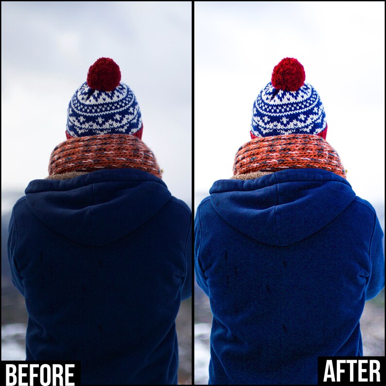 May include: A person wearing a blue hooded sweatshirt with a red and white patterned knit hat and a brown scarf. The image shows the difference between a before and after photo, with the after photo showing the sweatshirt with a few dark spots.