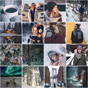 May include: A collage of winter scenes featuring people wearing winter clothing, a cabin in the woods, a snowy forest, a city street with a bridge, and a snowy field with the aurora borealis in the sky.