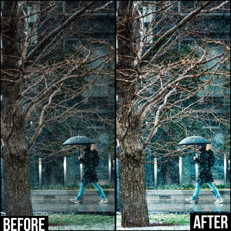 May include: A person walks under an umbrella in the snow. The person is wearing a blue jacket and jeans. The background is a blurry image of trees and a building.