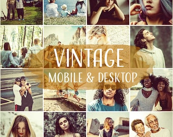 May include: A collage of images featuring people of different ages and ethnicities in various settings. The images are stylized with a vintage filter, giving them a faded and nostalgic look. The text "Vintage Mobile & Desktop" is superimposed on the collage.