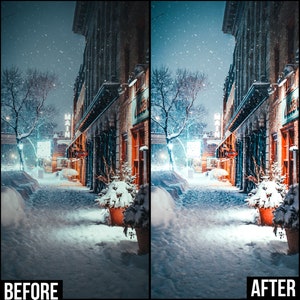 May include: A snowy city street at night with buildings on either side. The street is lit by streetlights and the snow is falling. The buildings are brick and have windows. The street is empty except for a few cars parked on the side of the road.