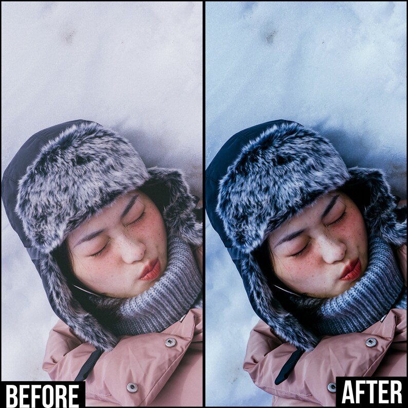 May include: A person wearing a black and gray fur hat and a pink jacket is lying in the snow. The person's eyes are closed and their mouth is slightly open. The snow is white and fluffy.