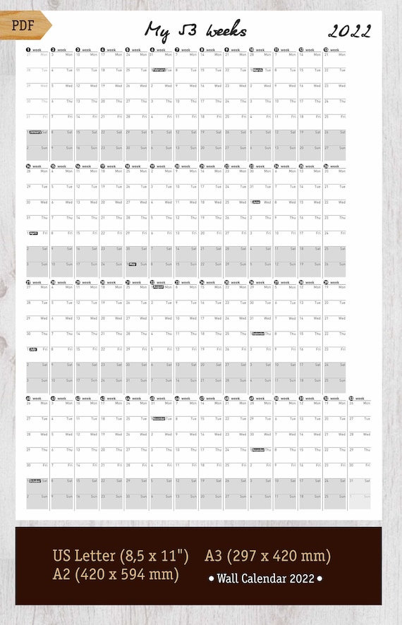 printable wall calendar large 2022 my 52 weeks printable etsy