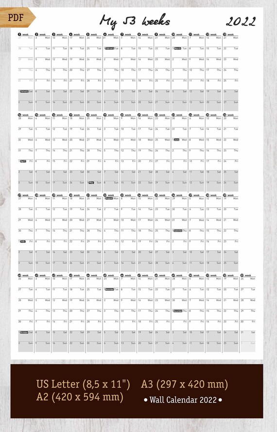 printable wall calendar large 2022 my 52 weeks printable etsy