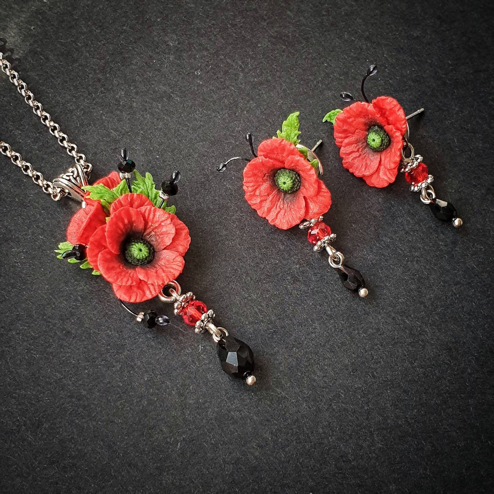 Poppy jewelry set gift idea for her. Poppies studs earrings Etsy
