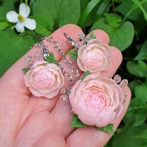 Powder Pink Peony Jewelry Set: Romantic Flowers set Necklace Earrings image 9