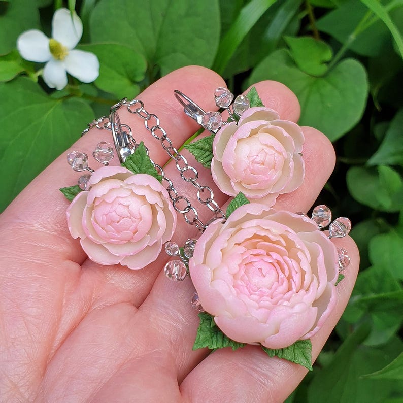 Powder Pink Peony Jewelry Set: Romantic Flowers set Necklace Earrings image 9