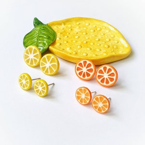 Citrus studs earrings. Lemon slices, orange slices. Fruit jewelry,  Gift for her. Citrus fruits polymer clay.