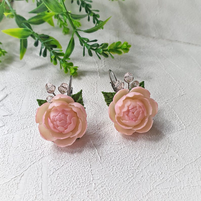 Powder Pink Peony Jewelry Set: Romantic Flowers set Necklace Earrings image 3