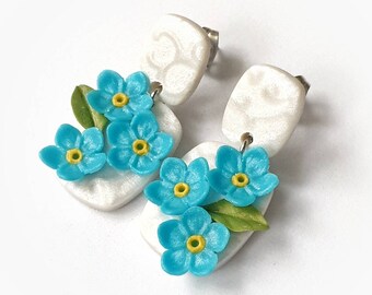 Forget-me-not earrings. Gift idea for women. Blue flower polymer clay, tiny flower. Statement earrings.