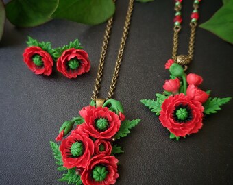 Red Poppy jewelry for women, Flower necklace and stud earrings. Gift idea for her, bright accessory