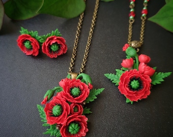 Rote Mohnblume Schmuck Set: Fimo Blüte Halskette und Ohrstecker