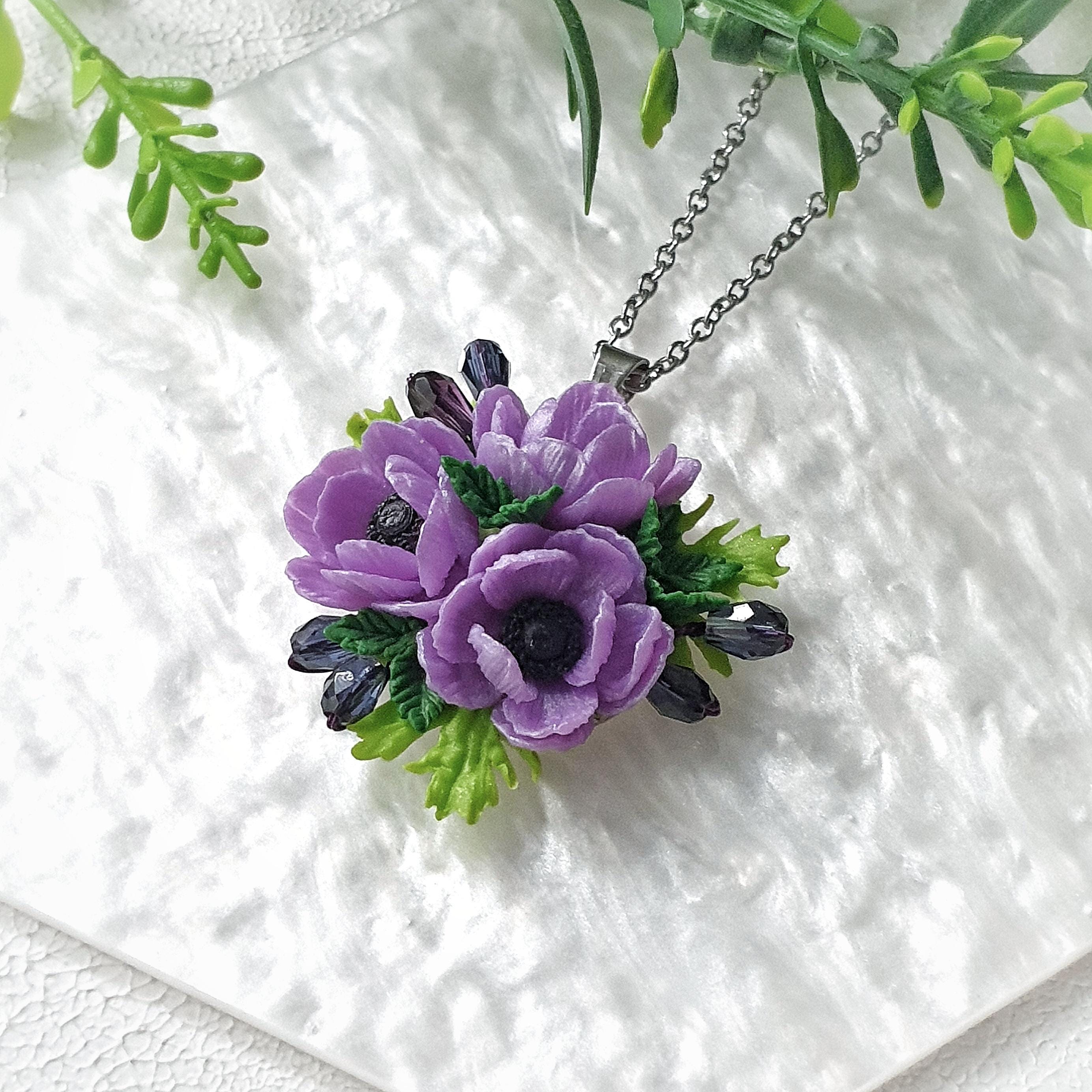 Anemone flower necklace, gift idea for her. Purple Flower jewelry, Wedding accessories. Cottagecore necklace, Gift for wife.