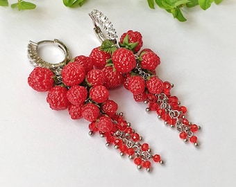 Raspberry cluster earrings, red berry necklace. Gift idea for women, Raspberry jewelry, Mother's day gift.