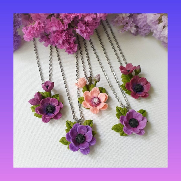 Collier violet avec amémone. Bijoux en pâte polymère. Cadeau pour elle, accessoires de mariage. Fleur d'anémone, anémone rose.