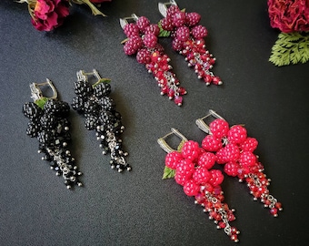 Berry  cluster earrings, gift idea for women. Raspberry earrings, Blackberries drop earrings. Summer accessories.