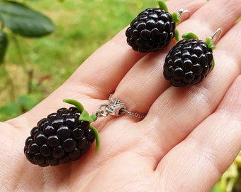 Polymer Clay Blackberry Jewelry: Fruit Necklace & Earrings