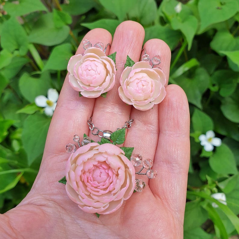 Powder Pink Peony Jewelry Set: Romantic Flowers set Necklace Earrings image 13