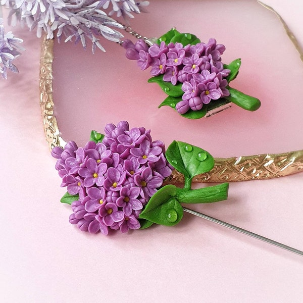Purple Lilac branch jewelry, gift idea for her. Lilac necklace, lilac brooch of polymer clay.