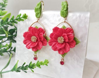 Polymer Clay Flower Dangle Earrings: Red or Yellow, Gold Tone