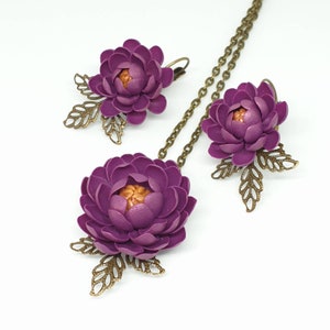 Dahlia jewelry set, gift idea for women. Purple accessories, Necklace and earrings. Dahlia polymer clay, Valentine&#39;s day gift