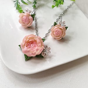 Powder Pink Peony Jewelry Set: Romantic Flowers set Necklace Earrings image 1