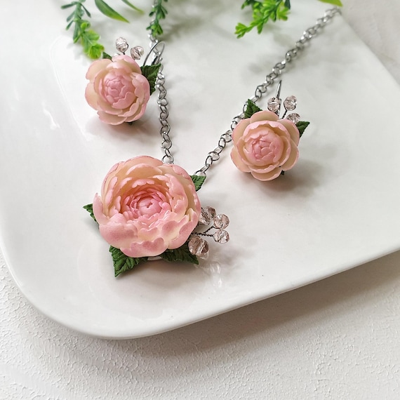 Powder Pink Peony Jewelry Set: Romantic Flowers set Necklace Earrings