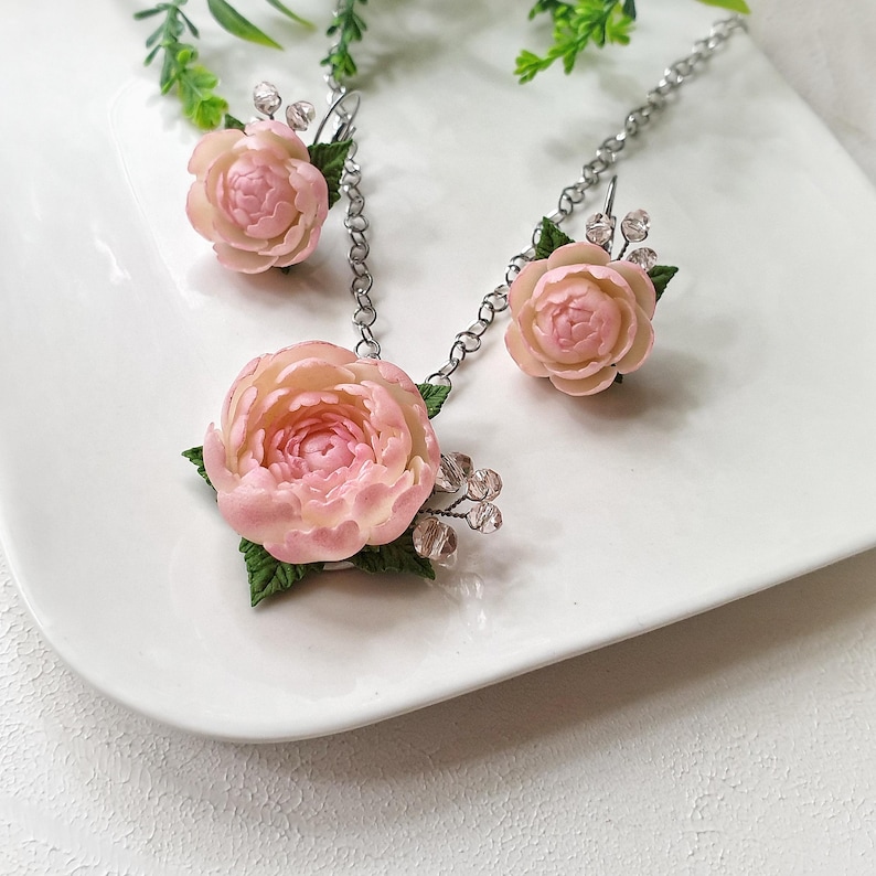 Powder Pink Peony Jewelry Set: Romantic Flowers set Necklace Earrings image 1