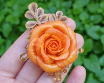 Orange Rose, fall necklace. Gift idea for her, jewelry for Thanksgiving. Cottagecore necklace.