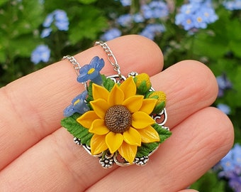 Sunflower necklace of polymer clay. Yellow flower jewelry, Sunflower with Forget me not. Gift idea for her, summer accessories for women.