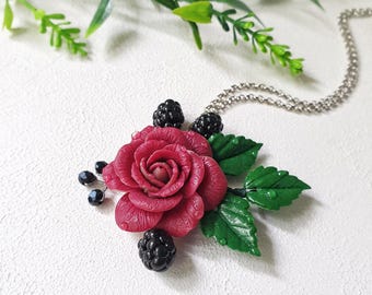 Burgundy Rose necklace with Blackberries. Gift idea for women, Flower Jewelry of polymer clay. Summer accessory for her.