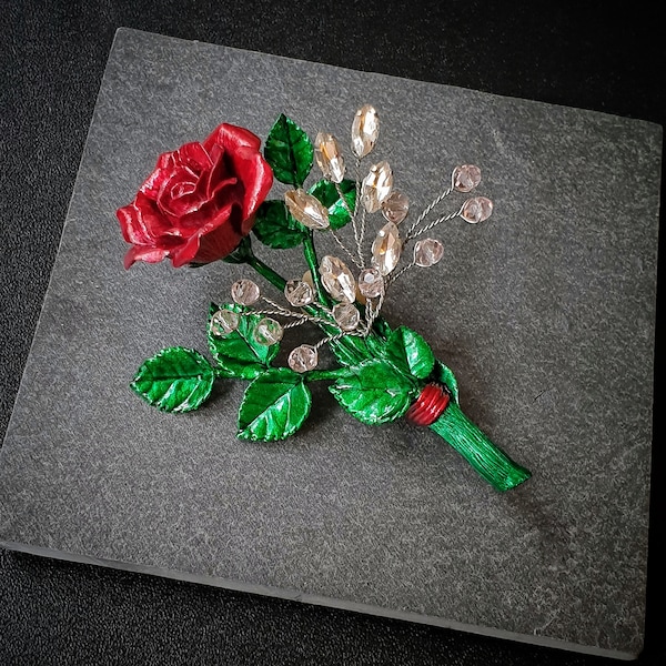 Dark Red Rose sprig broche, flower polymer clay. Gift idea for women. Rose jewelry, Valentine's day gift, boutonniere for him.