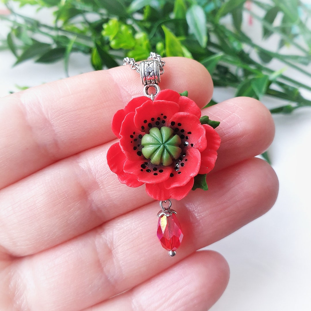 Small Red Poppy Necklace, Jewelry for Women. Red Flower Jewelry, Gift