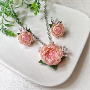 Powder Pink Peony Jewelry Set: Romantic Flowers set Necklace Earrings image 14