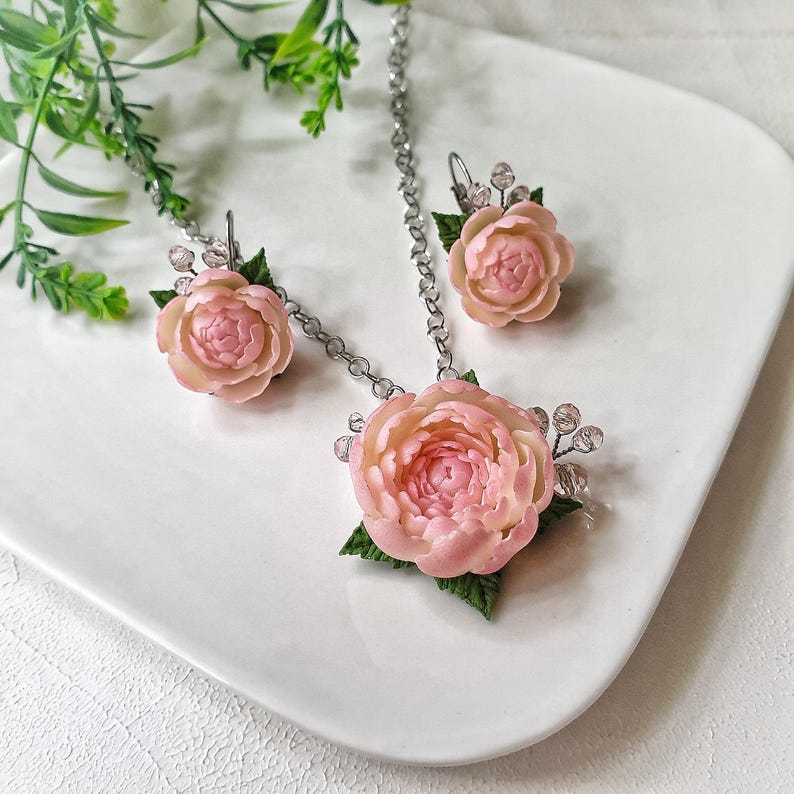 Powder Pink Peony Jewelry Set: Romantic Flowers set Necklace Earrings image 14