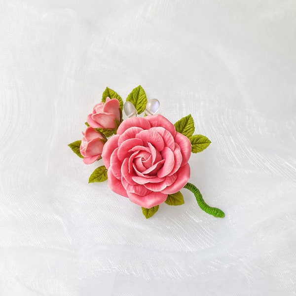 Pink Rose sprig broche, flower polymer clay. Gift idea for women. Rose jewelry, Mother day gift. Wedding boutonniere for him.