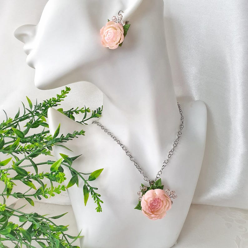 Powder Pink Peony Jewelry Set: Romantic Flowers set Necklace Earrings image 2