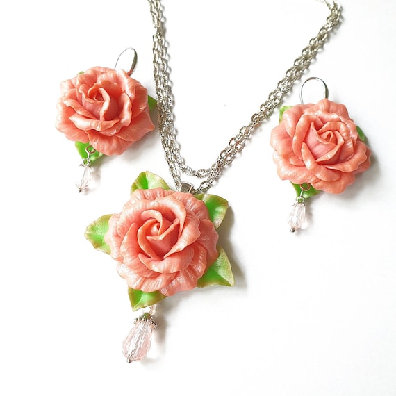 Teal with Pink Needlepoint Flowers Polymer Clay Necklace and Earrings Set