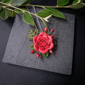 Red Rose necklace, wedding accessories. Gift idea for women, jewelry with Rose twig.