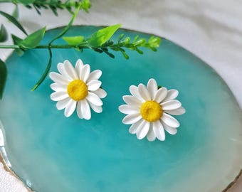 Polymer Clay Daisy Stud Earrings: White Flower Jewelry