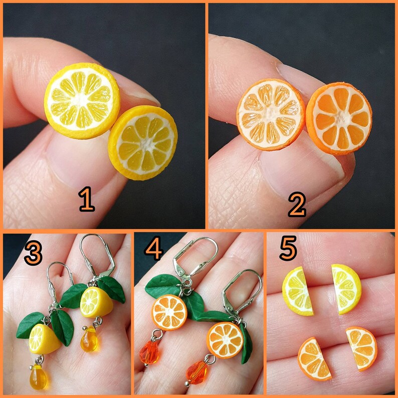Citrus earrings of polymer clay. Lemon slices studs. Fruit Etsy