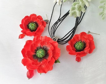 Rote Mohnblume Schmuck Set: Halskette, Ohrhänger, Armband aus Polymer Clay