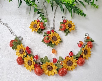 Autumn Clay Jewelry: Sunflower, Pumpkin, and Berry Thanksgiving Set