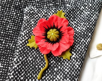 Poppy brooch, gift idea for women. Leather effect jewelry, Red flower pin.