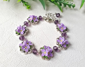 Lilac Flower Bracelet: Polymer Clay Floral Jewelry