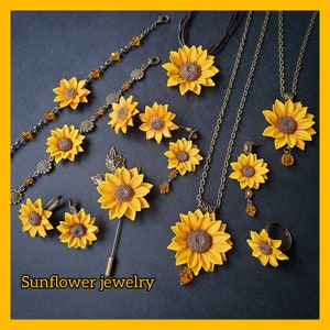 Sunflower jewelry polymer clay. Sunflower earrings, gift for womens. Yellow flowers, wedding jewelry. Sunflower necklace, bright accessorie.