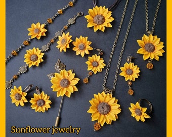 Polymer Clay Sunflower Jewelry: Necklace, Earrings, Ring